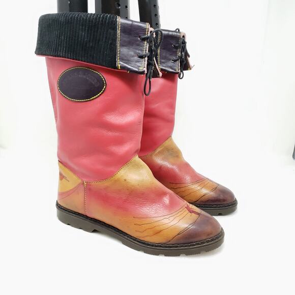 Vintage Leather Foldover Boots Pink Brown Tropical Beach  OOAK England Sz UK 6 - Picture 5 of 16